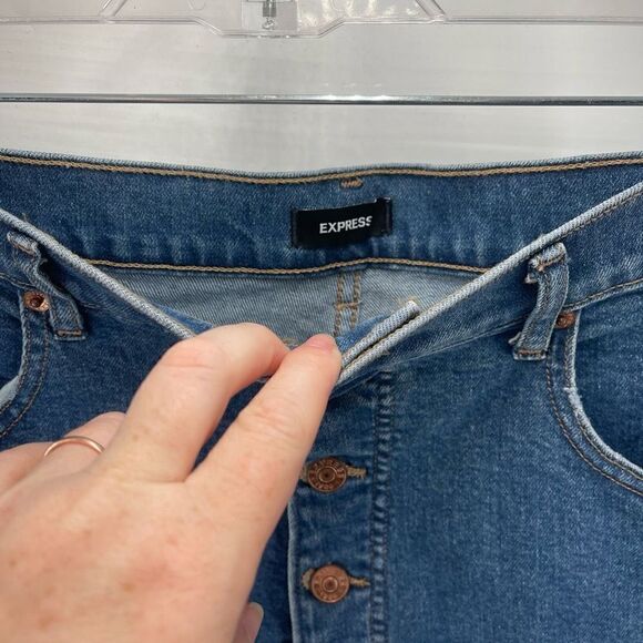 Express Womens Super High Rise Jeans Mom Button Fly Stretch 14 Regular Blue - Picture 7 of 11